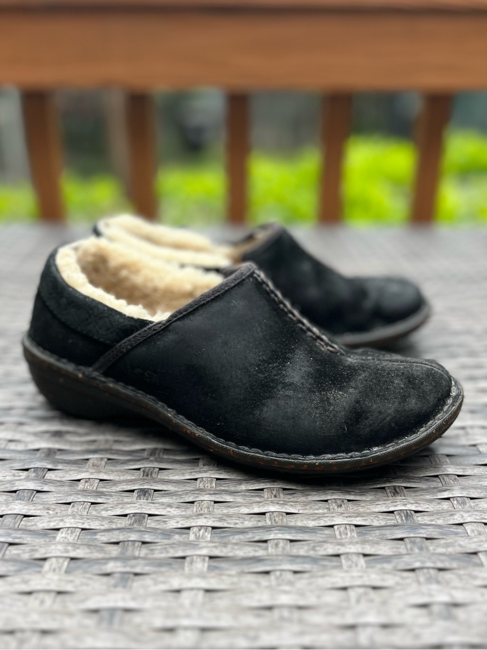UGG Black Suede Slip-On Mule with Cream Shearling Inner